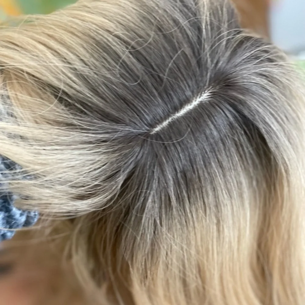 Golden dirty blonde layered wig with bangs and roots